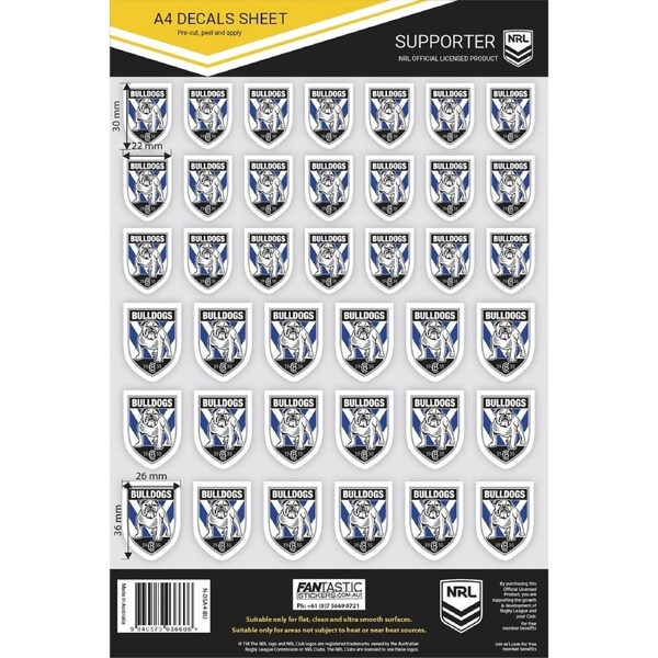 NRL A4 Decal Sheet - Canterbury Bulldogs - Sticker