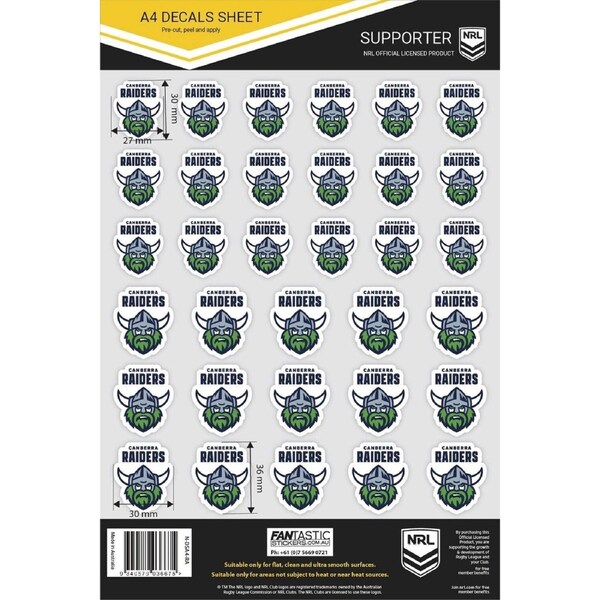 NRL A4 Decal Sheet - Canberra Raiders - Sticker