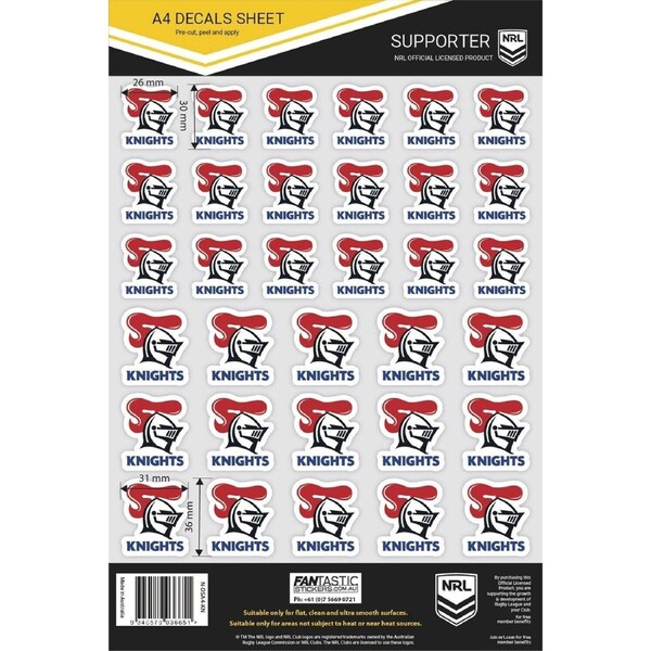NRL A4 Decal Sheet - Newcastle Knights - Sticker