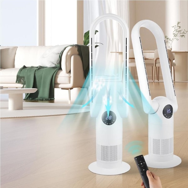 Electric Air Purification Bladeless Fan Rotation Tilt Head Remote Control 9 Timer White