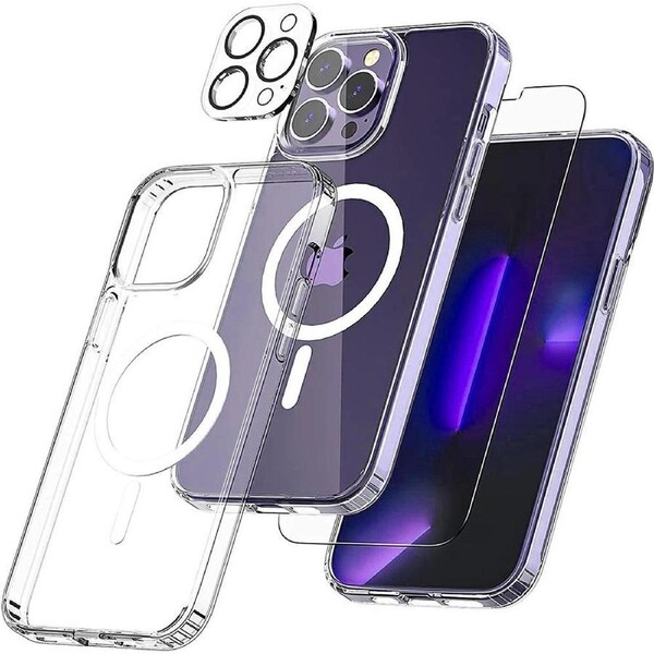 [3 in 1] For iPhone 14 Pro Magsafe Shockproof Magnetic Case + Front Tempered Glass + Camera Lens Cover- 14 Pro