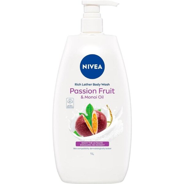 NIVEA Passionfruit & Monoi Oil Body Wash (1L), Rich Lather Shower Gel For Healthy Moisturised Skin, Shower Cream With Fresh Mild Scent For Effective Body Cleansing, Detox Cleanse, Best Body Wash