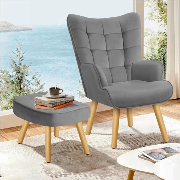 ALFORDSON Velvet Armchair & Footstool Set Accent