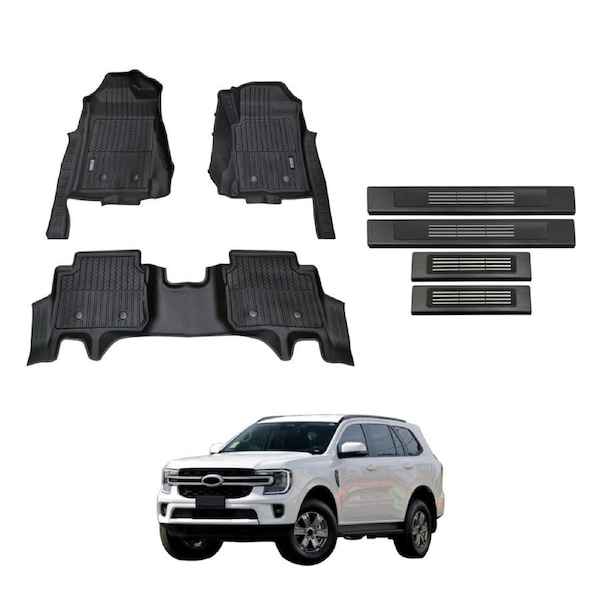 7D Injection Floor Mats + Black Door Sill Protector for Ford Everest 2022-Onwards