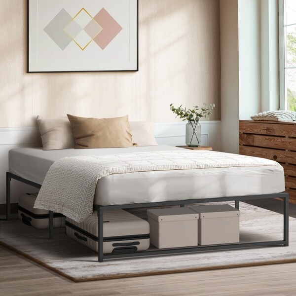 Oikiture Metal Bed Frame Queen Size Beds Base Platform Black