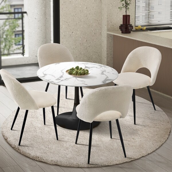 Oikiture 90cm Round Dining Table with 4PCS Dining Chairs Sherpa White