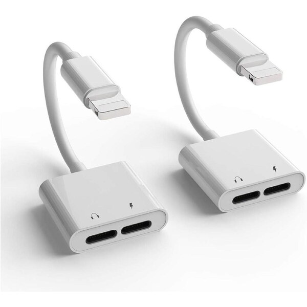 2 PCS 2 In 1 Dual lightning Audio Adapter For iPhone 14 13 12 11 Pro Max 8 7 Plus dongle Converter Charging and Audio Compatible with iPhone Ipad - White