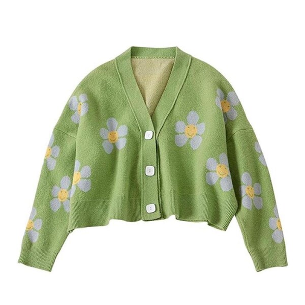 Nevenka Womens Flower Cardigan V Neck Button Down Open Front Sweater-Green