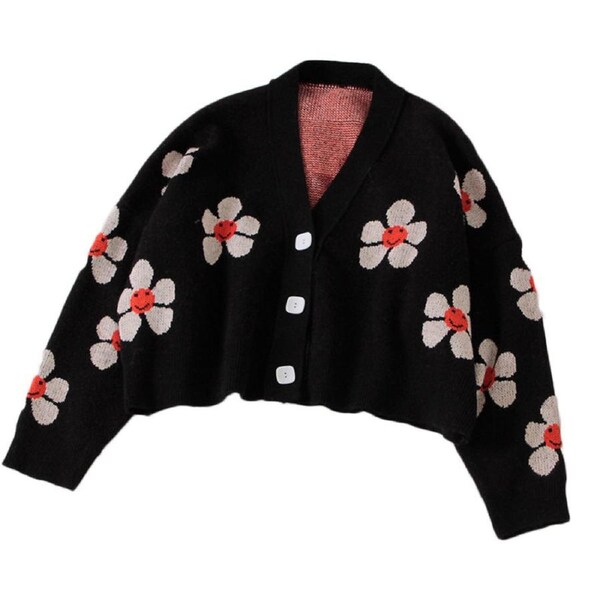Nevenka Womens Flower Cardigan V Neck Button Down Open Front Sweater-Black