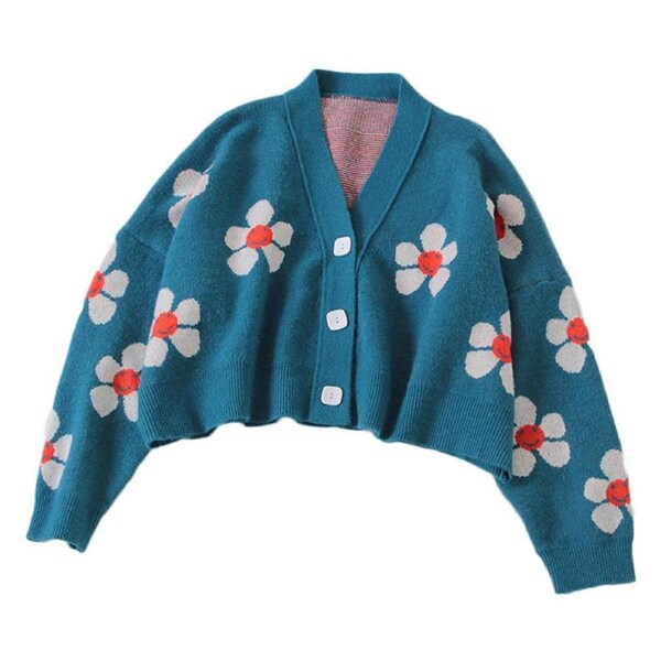 Nevenka Womens Flower Cardigan V Neck Button Down Open Front Sweater-DarkBlue