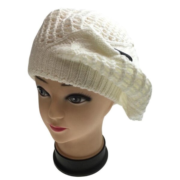 Womens FRENCH BERET HAT Knitted Cap Winter Warm Double Layered Ladies Beanie - White