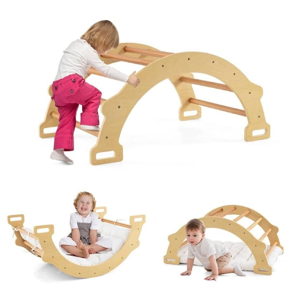 Babyjoy Climb Playset Kids Climbing Arch & Rocker Wooden Children Climbing Frame w/Cushion Indoor Outdoor