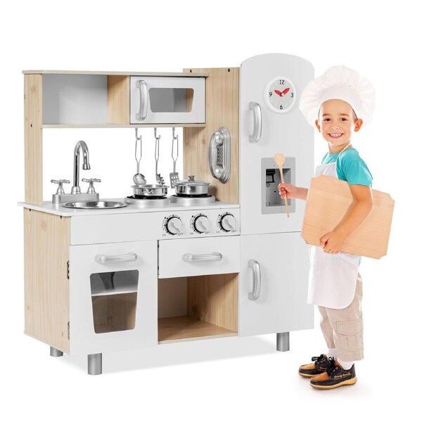 Babyjoy Wooden Kids Kitchen Pretend Toy Cooking Food Playset Light Sound w/Accessories & Cabinets