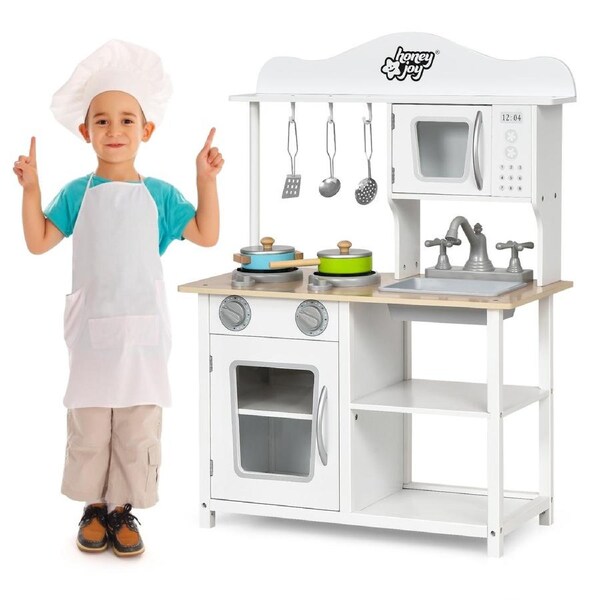 Babyjoy Wooden Children Kitchen Playset Kids Cooking Pretend Role-Play Toys w/Accessories