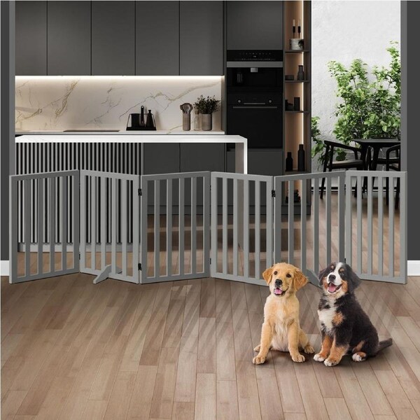 Alopet Wooden Pet Dog Fence 284x80cm 6 Panels Safety Stair Barrier Security Gate Door Grey
