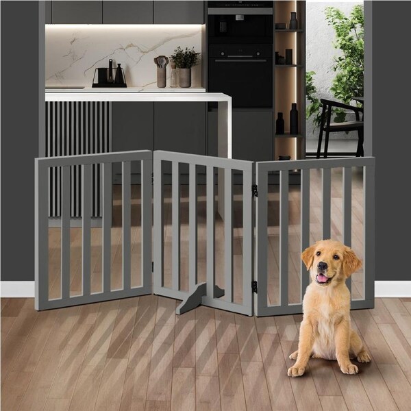 Alopet Wooden Pet Dog Fence 142x60.5cm 3 Panels Safety Stair Barrier Security Gate Door Grey