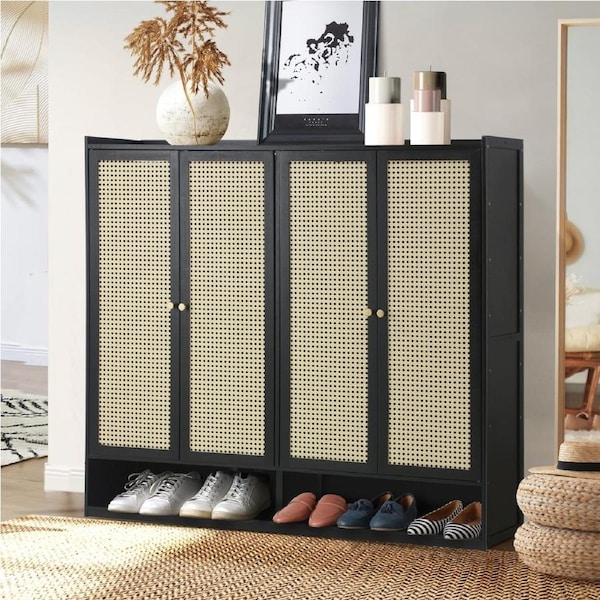 Oikiture Shoe Storage Cabinet Shoes Rack Organiser Shelf 4 Doors Rattan Style Black
