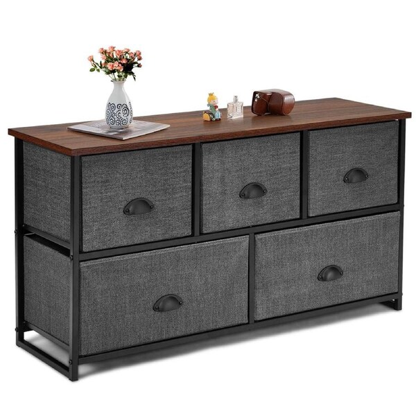 Giantex 5 Chest of Drawers Storage Cabinet Tower w/Fabric Bins Dresser Storage Organiser Tallboy Black
