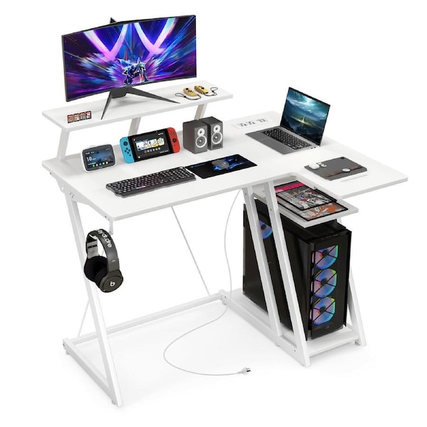 Giantex L Shaped Gaming Desk 2-tier Computer Desk w/Outlets & USB Ports Corner Home Office Desk White