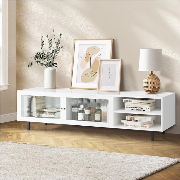 Oikiture TV Cabinet Entertainment Unit Stand Tempered-glass Doors White