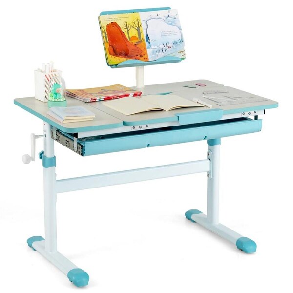 Costway Durable Study Desk Height&Angle Adjustable Desk w/Tilt Desktop Blue