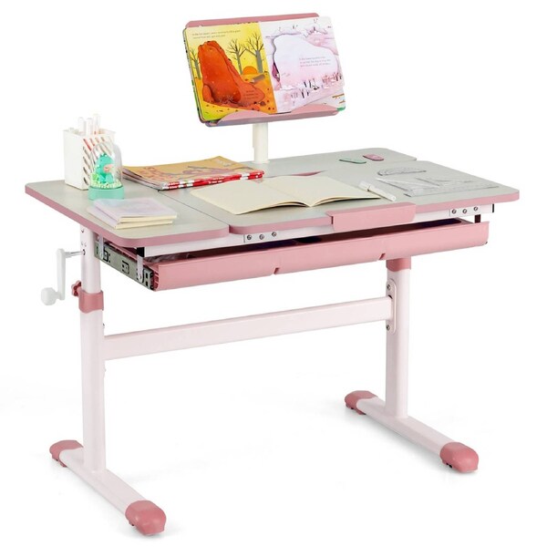 Costway Durable Study Desk Height&Angle Adjustable Desk w/Tilt Desktop Pink