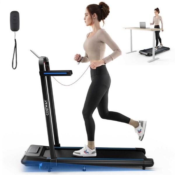 Costway 2-in-1 Folding Treadmill Electric Desk Walking Pad Incline Exercise Machine 3.0HP/15 km/h APP & LED Display Blue