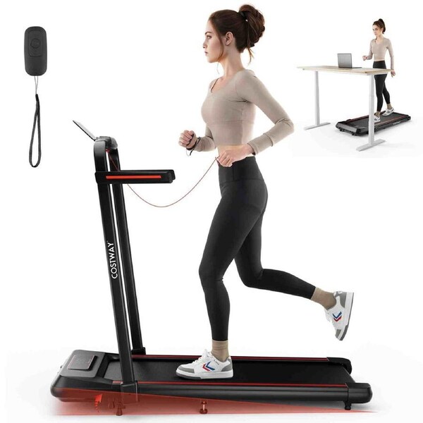 Costway 2 in 1 Folding Treadmill Electric Desk Walking Pad Incline Exercise Machine 3.0HP/15 km/h APP & LED Display Red
