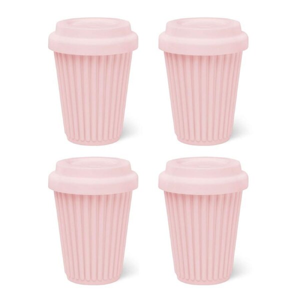 BYO Silicone Reusable Coffee Cup 340ml / 12 Oz in Pink with Pink Lid 4 Pack