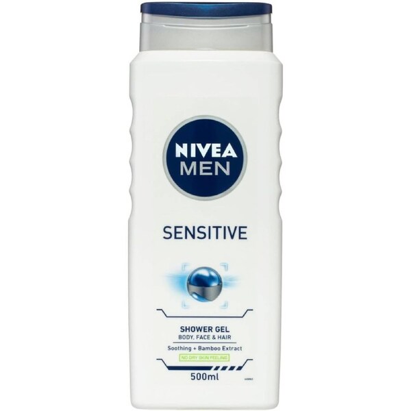 NIVEA MEN Sensitive 3-in-1 Shower Gel (500ml), Body Wash for Body, Face & Hair, All-in-1 Shower Gel for Men, Soothing Body Wash for Sensitive Skin with Masculine Scent, Soothing Shower Gel for Men
