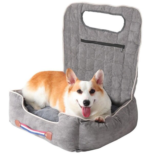 Large Cozy Dog Car Booster Double-Side Cushion Pet Travel Bed w Adjustable Strap