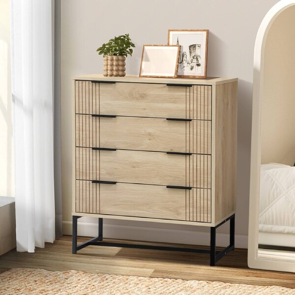 Oikiture 4 Chest of Drawers Storage Cabinet Natural