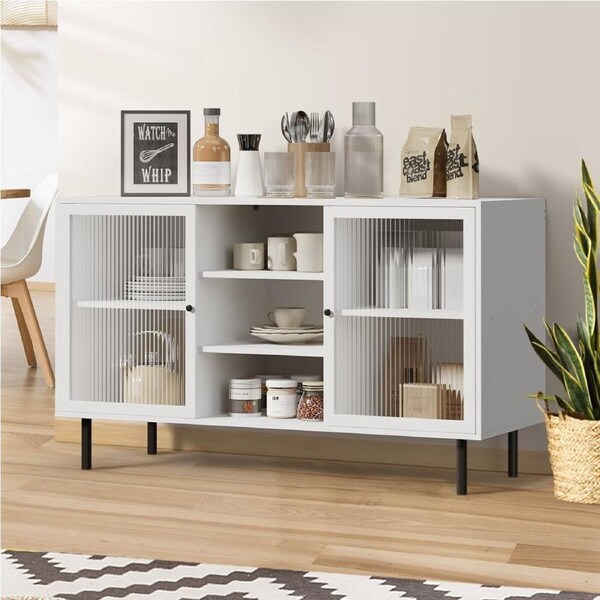 Oikiture Sideboard Buffet Storage Cabinet Tempered Glass Door Cupboard White