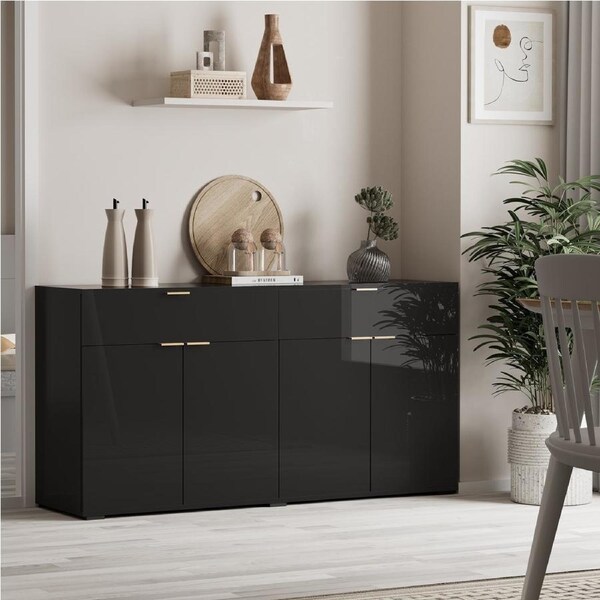 Oikiture Sideboard Buffet Storage Cabinet High Gloss 4 Doors 2 Drawers Black