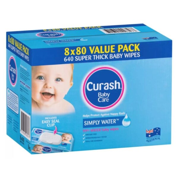 Curash Soft Baby Wipes Newborn Simply Water Sensitive Skin 640 Pack Not Flushabl