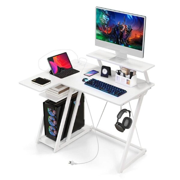 Costway L-Shaped Gaming Desk Computer Desk w/Monitor Shelf Headphone Hook Outlets & USB Ports White
