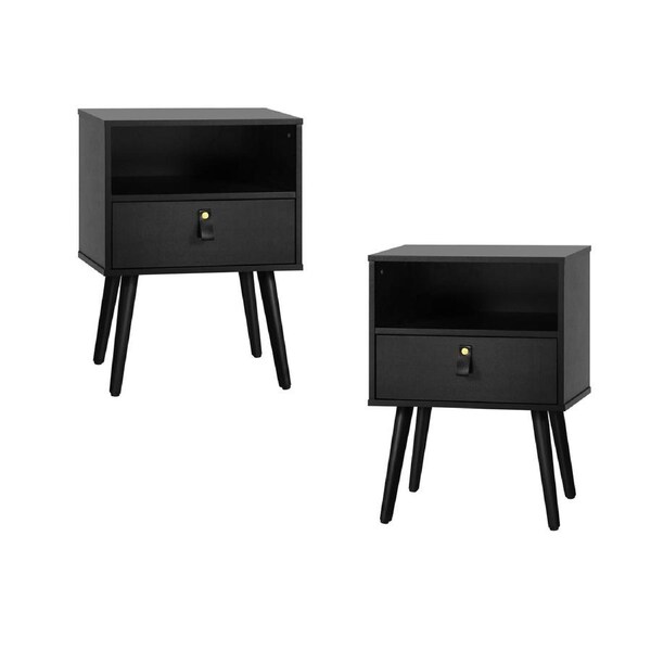Oikiture 2 X Bedside Tables Side Table w/ Leather Handle Black