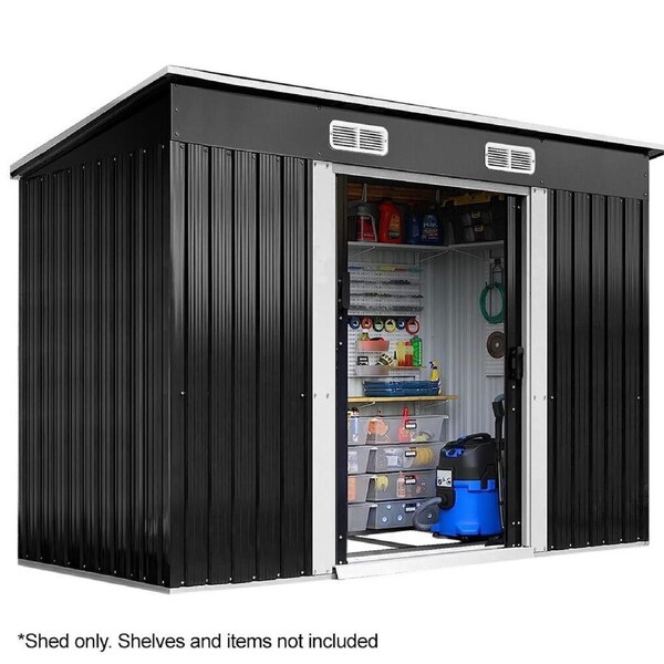 PlantCraft Galvanised Steel Garden Shed 2.38 x 1.31 x 1.82m with 2 Sliding Doors, 2 Air Vents, Skillion Roof, Floor Frame, Black