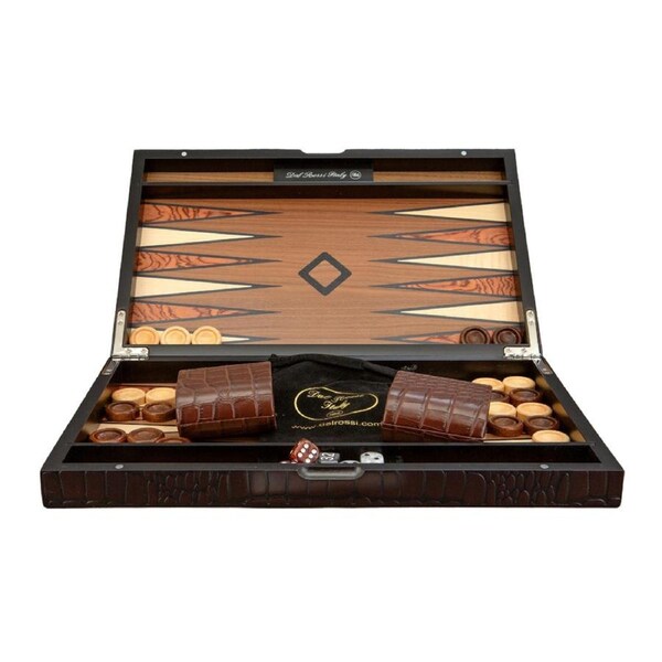 Dal Rossi Italy Backgammon Wooden 15 inch Crocodile Engraved Design Dark Brown