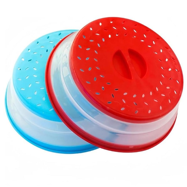 Pack of 2, Collapsible Microwave Food Cover BPA Free TPR, 10.5 inch, Round with Grip Handle RED+BLUE