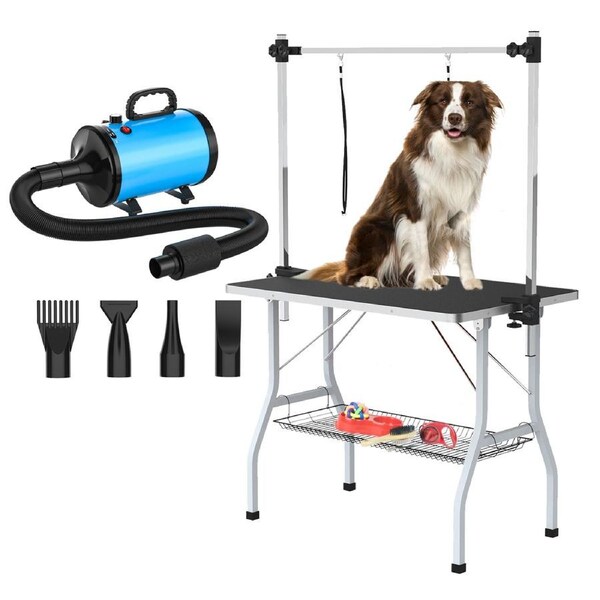 Advwin Pet Grooming Table 2 Loops + Pet Hair Dryer Blue Foldable Height Adjustable Dog Cat Grooming Table