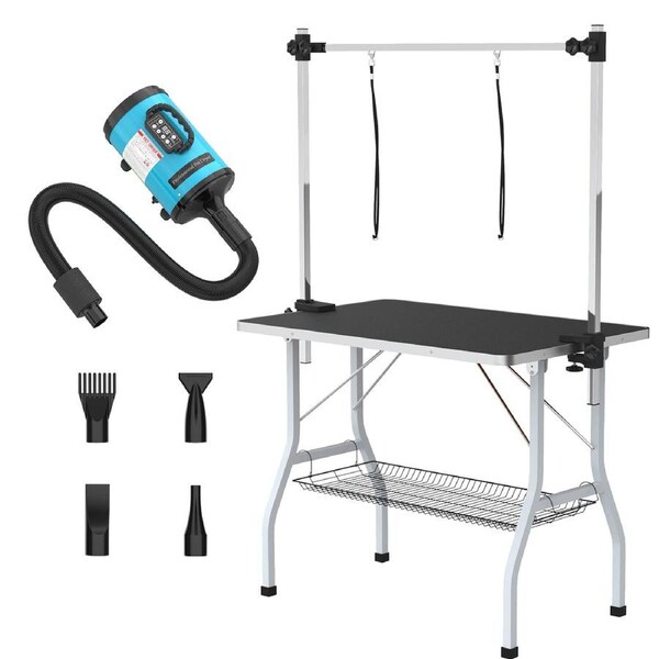 Advwin Pet Grooming Table 2 Loops + Pet Hair Dryer With LCD Foldable Height Adjustable Dog Cat Grooming Table