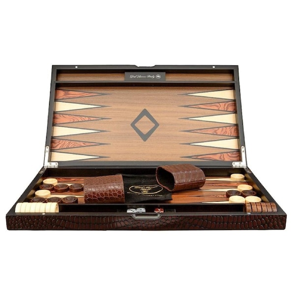 Dal Rossi Italy Backgammon Wooden Crocodile Engraved Design Dark Brown 18 inch Board Game