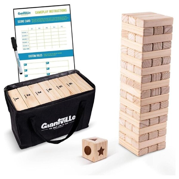 Giantville Tumbling Timber Toy Large Wooden Blocks 54 Pieces with Dice