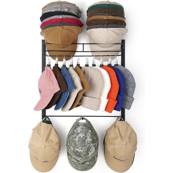 DelSol Hat Rack for 45 Baseball Caps with 10 Clips 3 Tier Hat Organizer Wall Mounted Hat Hanger Metal Hat Holder Closet Organizer for Storage