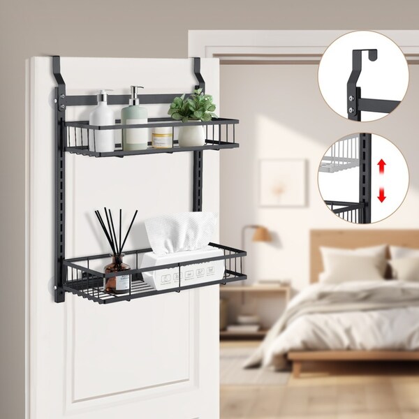 2-tier Bath Over Door Hanging Shower Caddy Adjustable Basket Holder Black