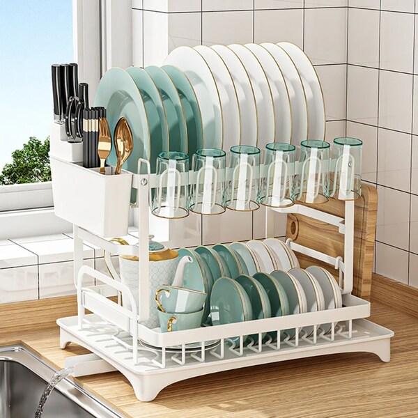 2-layer Drain Drying Rack Kitchen Dish Bowl Plate Cup Board Holder Dry Organiser White
