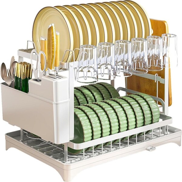 ACA 2-Tier Dish Rack Drying Drainer Cup Holder Cutlery Tray Kitchen Organiser White