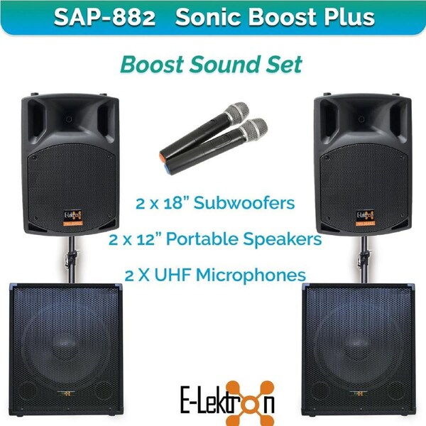 E-Lektron Sonic Boost Plus SAP 882 Bluetooth Vocal Bass Sound PA System 2 X UHF Mics