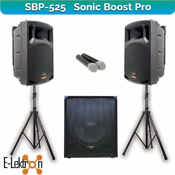 E-Lektron Sonic Boost Pro SBP 525 Bluetooth Vocal Bass Sound PA System UHF Mics and stands